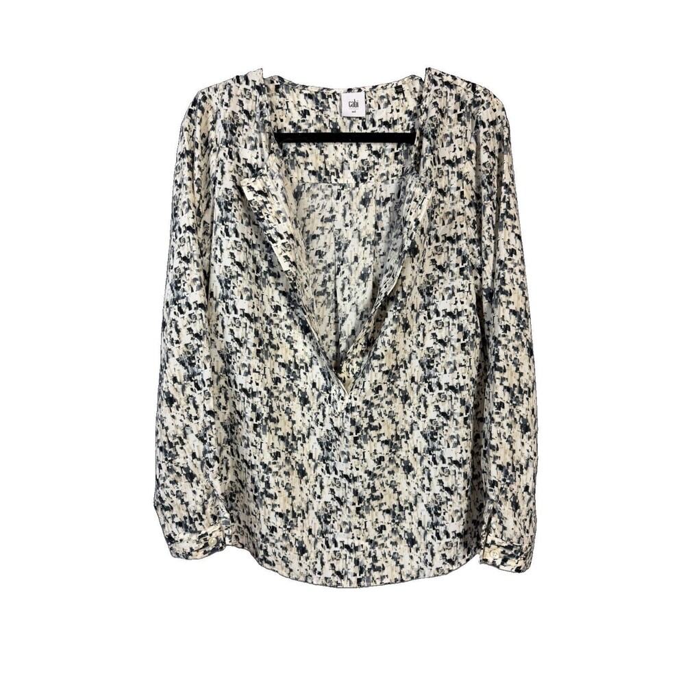 Cabi Shatter Long Sleeve Black Gray Print Popover Tunic Blouse Medium